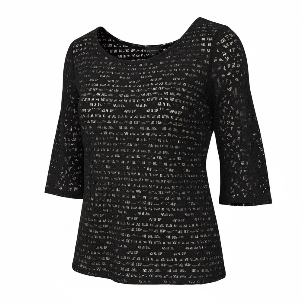 Banana Republic Sz 8 Black Lace Overlay Striped Blouse 3/4 Sleeve Back Zip